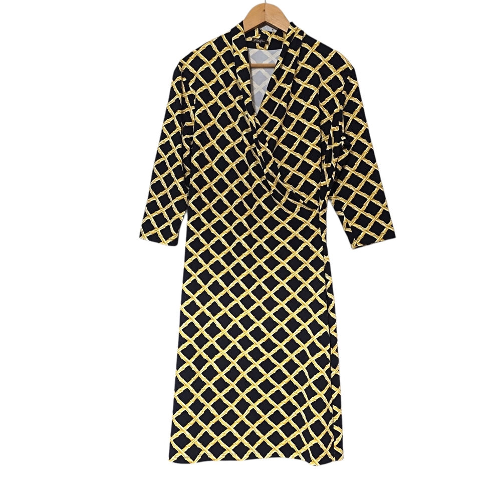 J. McLaughlin Bamboo Lattice Print Catalina Cloth Midi Dress 3/4 Sleeve Size L - Picture 3 of 10